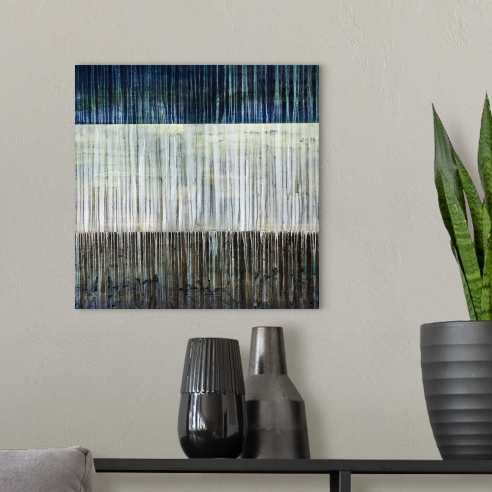 A modern room featuring Contemporary abstract painting of three contrasting colors in horizontal stripes with thin vertic...