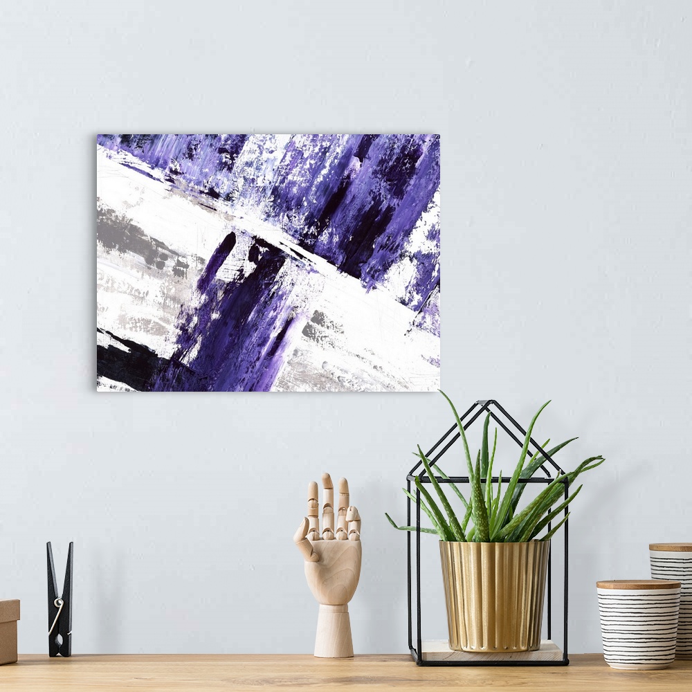 A bohemian room featuring Large abstract painting in deep purple hues with gray and white in the background.