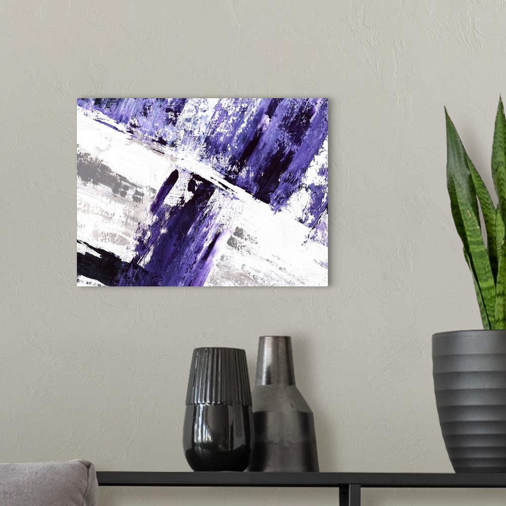 A modern room featuring Large abstract painting in deep purple hues with gray and white in the background.