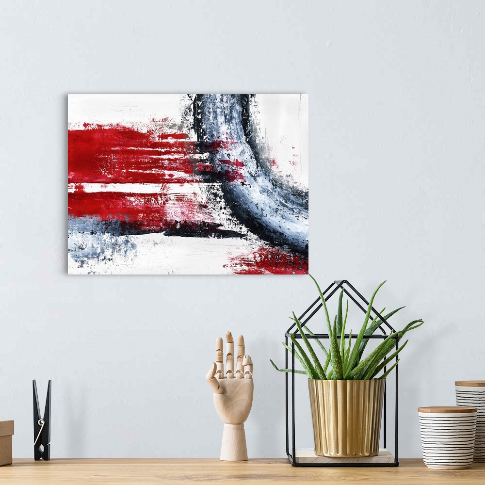 A bohemian room featuring Bold, abstract painting with wide, bright red, horizontal brushstrokes and a curved black, gray, ...