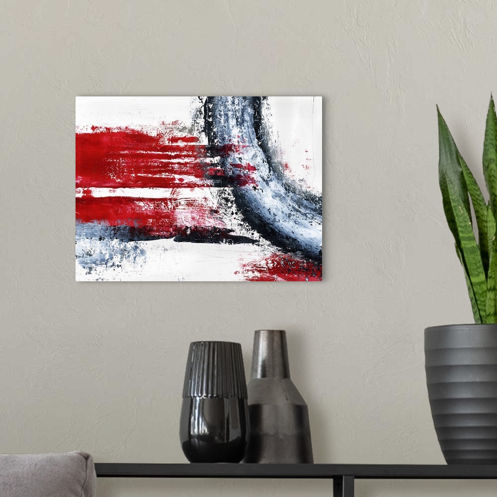 A modern room featuring Bold, abstract painting with wide, bright red, horizontal brushstrokes and a curved black, gray, ...