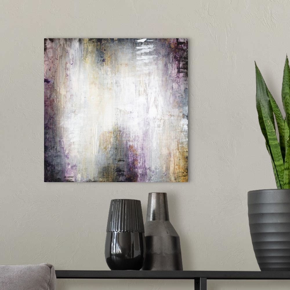 A modern room featuring Contemporary abstract artwork with a glowing white center framed by black and purple.
