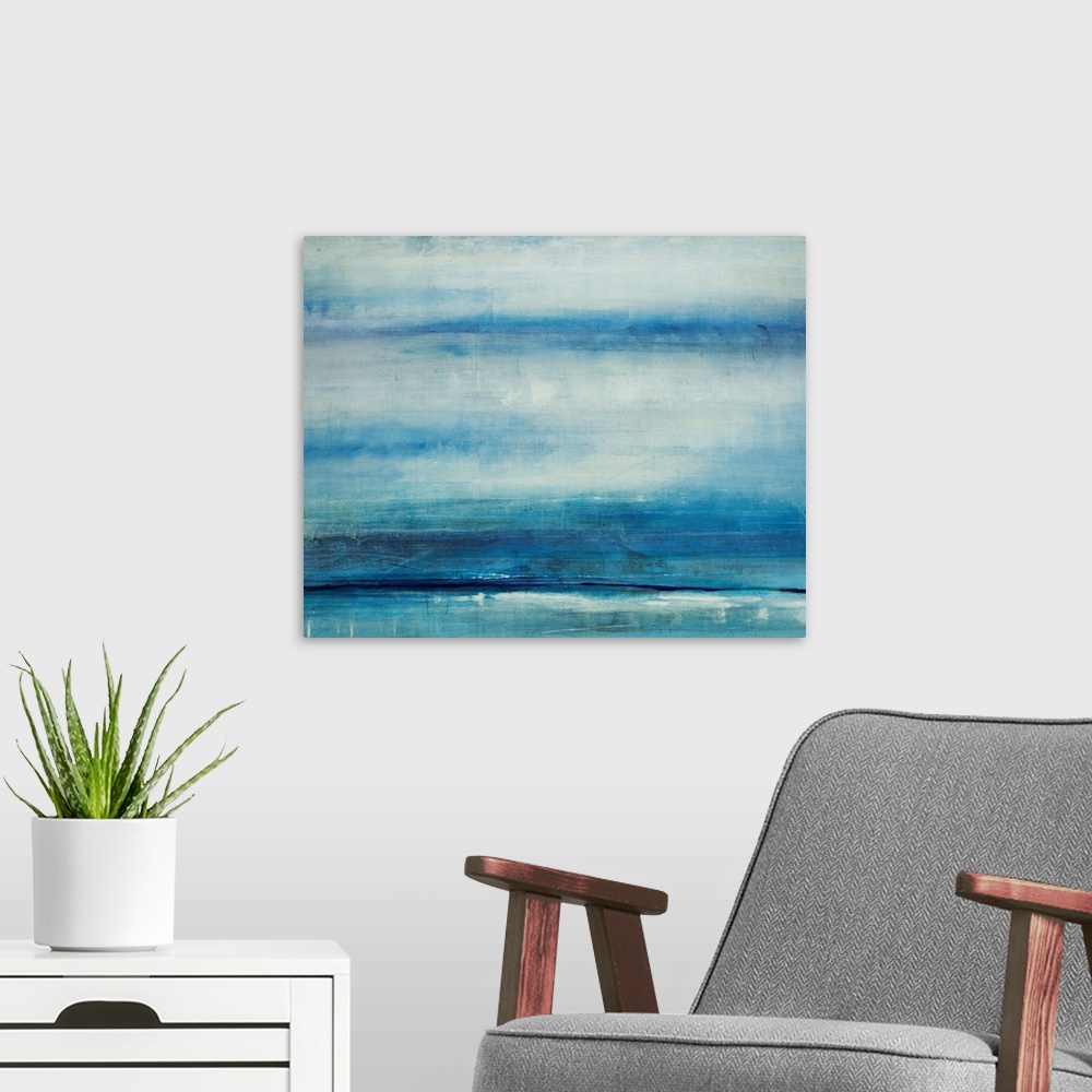 A modern room featuring Contemporary tonal abstract painting of horizontal bands and stripes of color.  The image is in s...