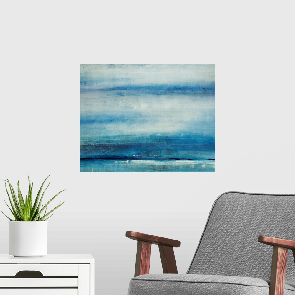 A modern room featuring Contemporary tonal abstract painting of horizontal bands and stripes of color.  The image is in s...