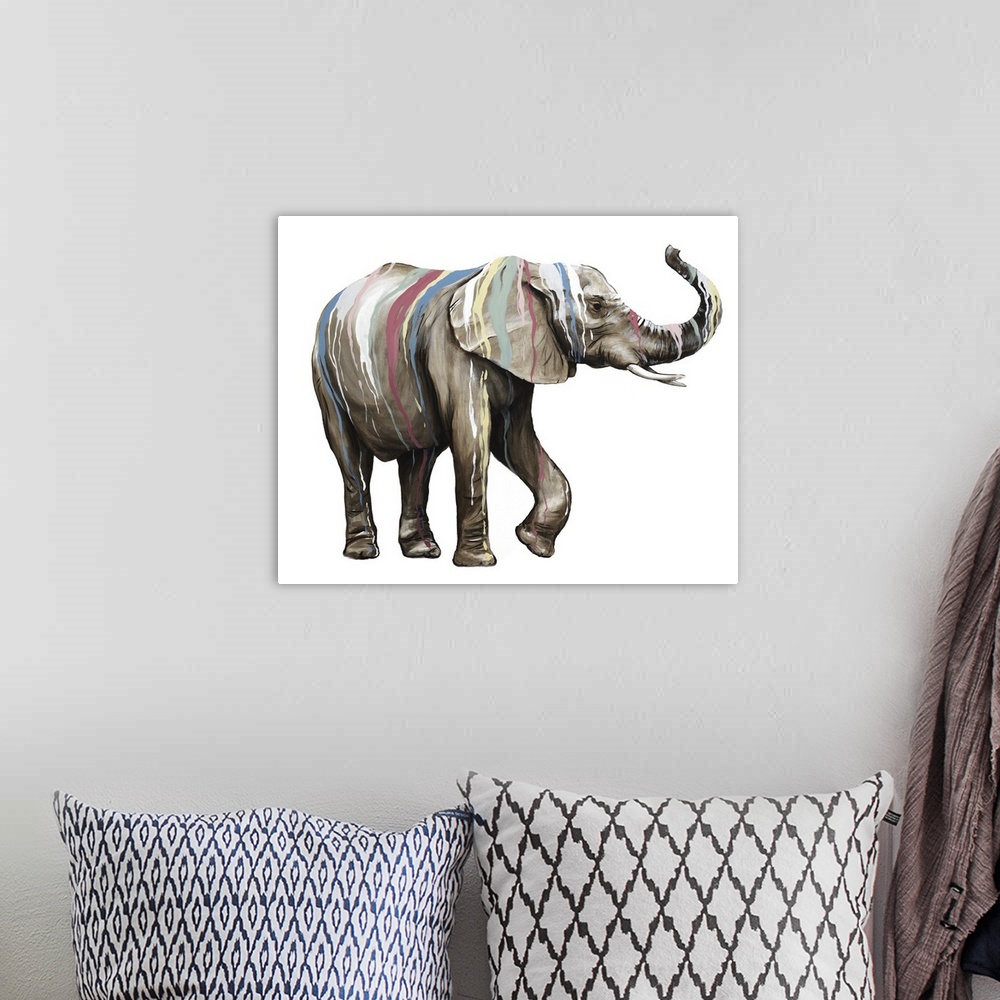 A bohemian room featuring Artwork of an elephant covered with multiple colors of paint dripping down it's body.