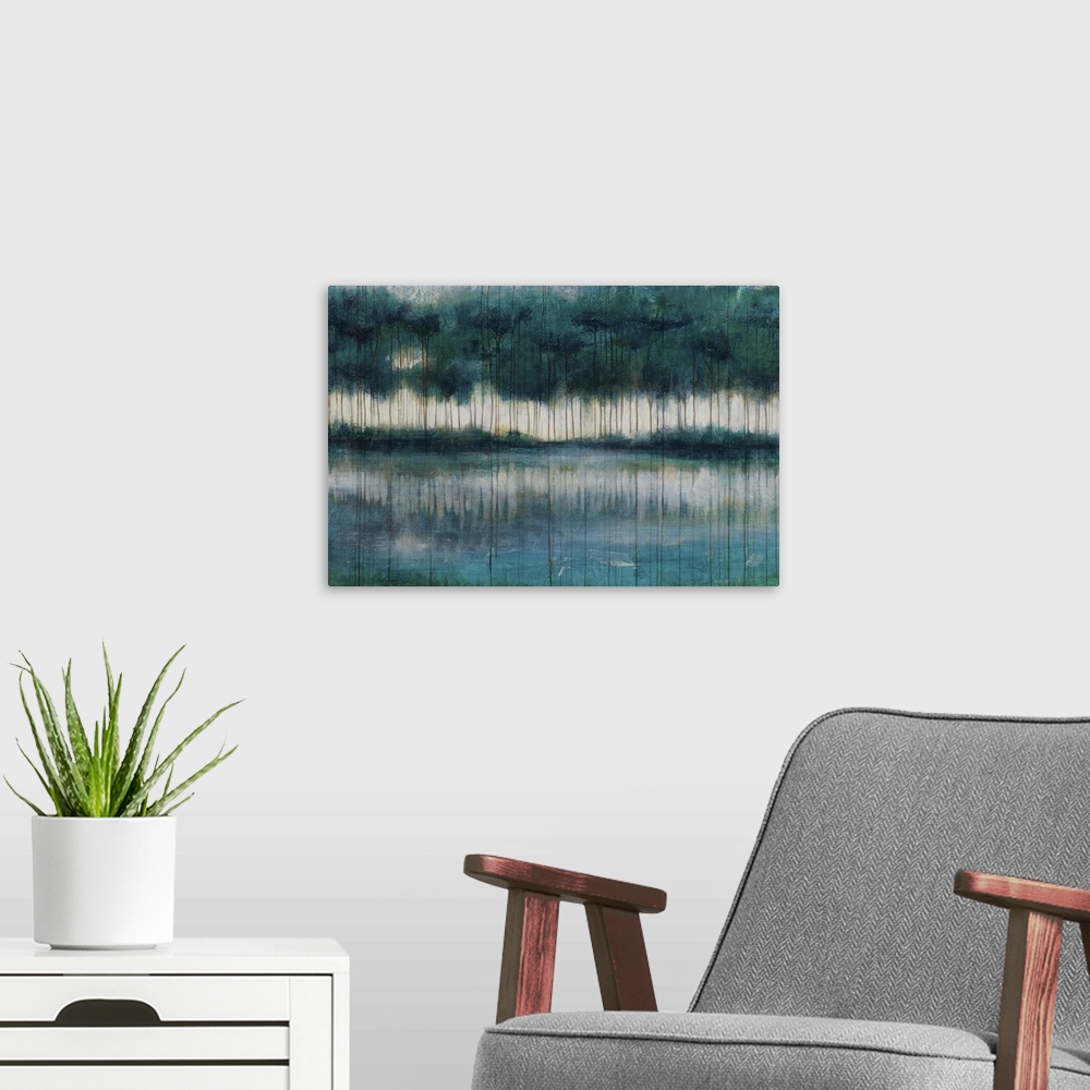 A modern room featuring Abstract painting of a large grove of trees reflecting in water in the foreground, while thin lin...