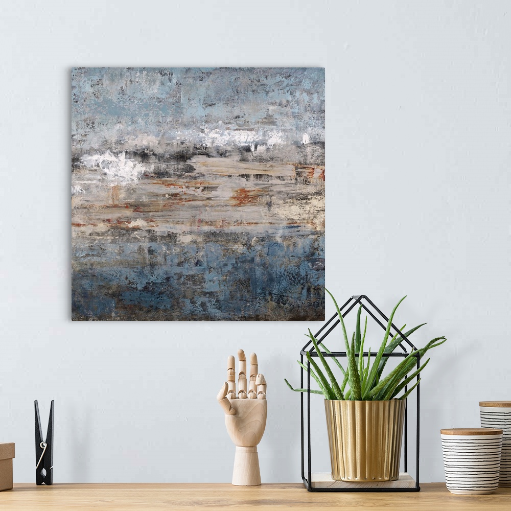 A bohemian room featuring Contemporary painting using earth tones and cool tones to form an almost landscape looking painting.
