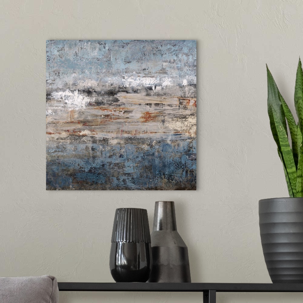A modern room featuring Contemporary painting using earth tones and cool tones to form an almost landscape looking painting.