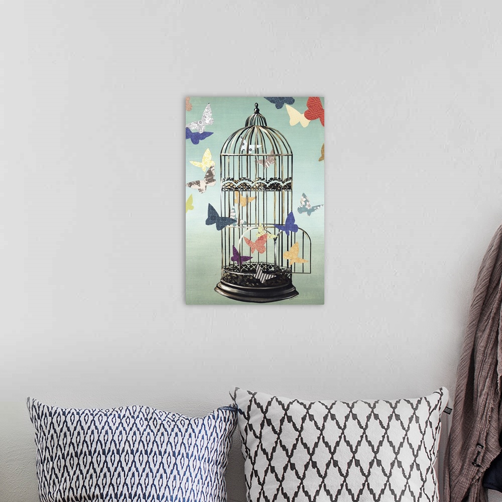 A bohemian room featuring Mixed media art created with cut out butterflies with different colors and patterns flying out an...