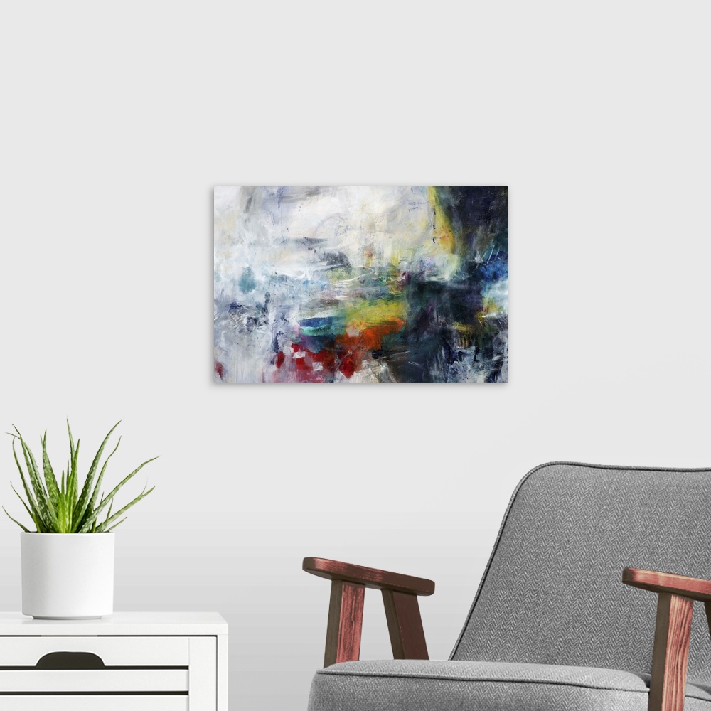 A modern room featuring Contemporary abstract painting using a spectrum of dark colors being enveloped by neutral tones.