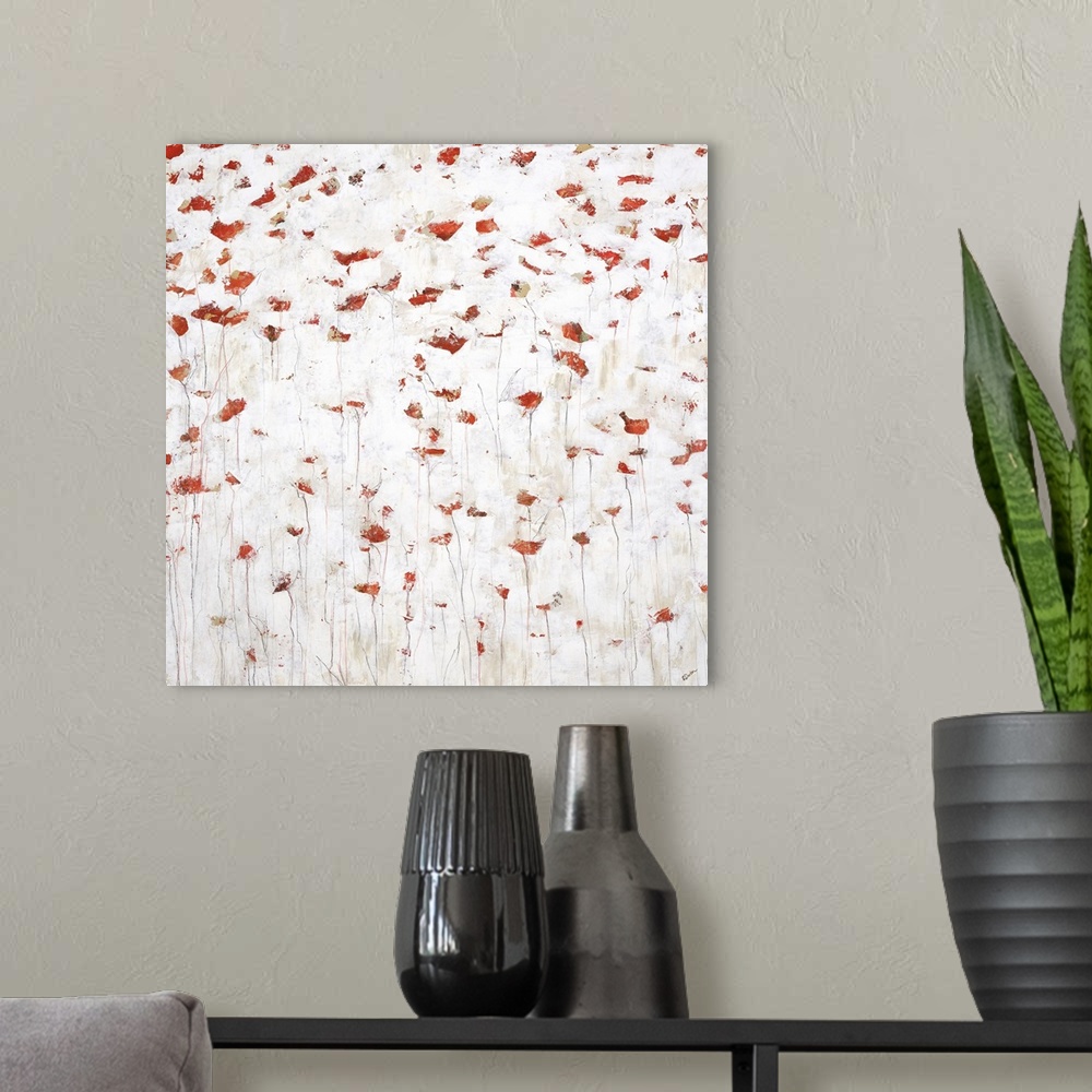 A modern room featuring Abstract painting using red dabs of paint with subtle lines coming down from them, giving the app...