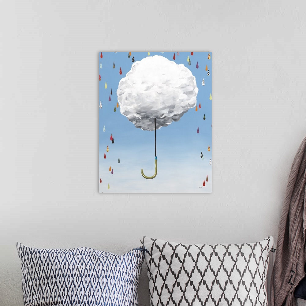 A bohemian room featuring Mixed media artwork with cutout raindrops in different colors and patterns falling around a float...
