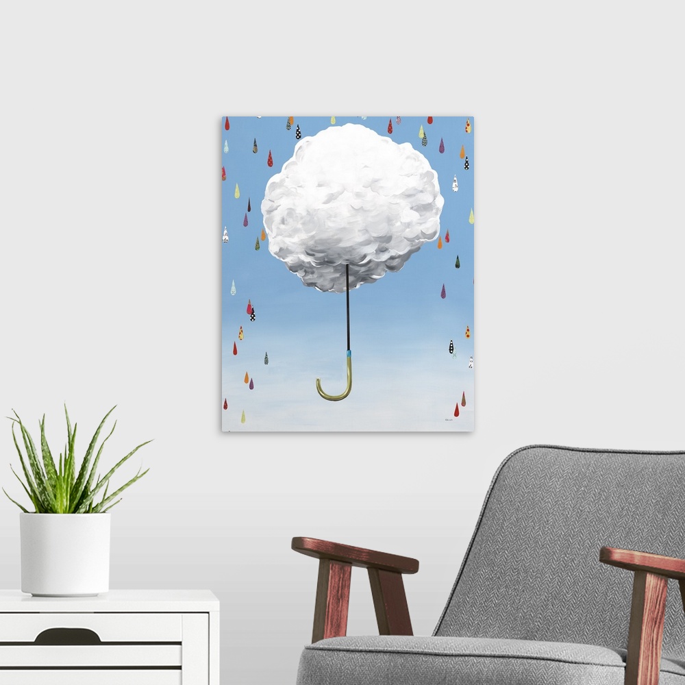 A modern room featuring Mixed media artwork with cutout raindrops in different colors and patterns falling around a float...