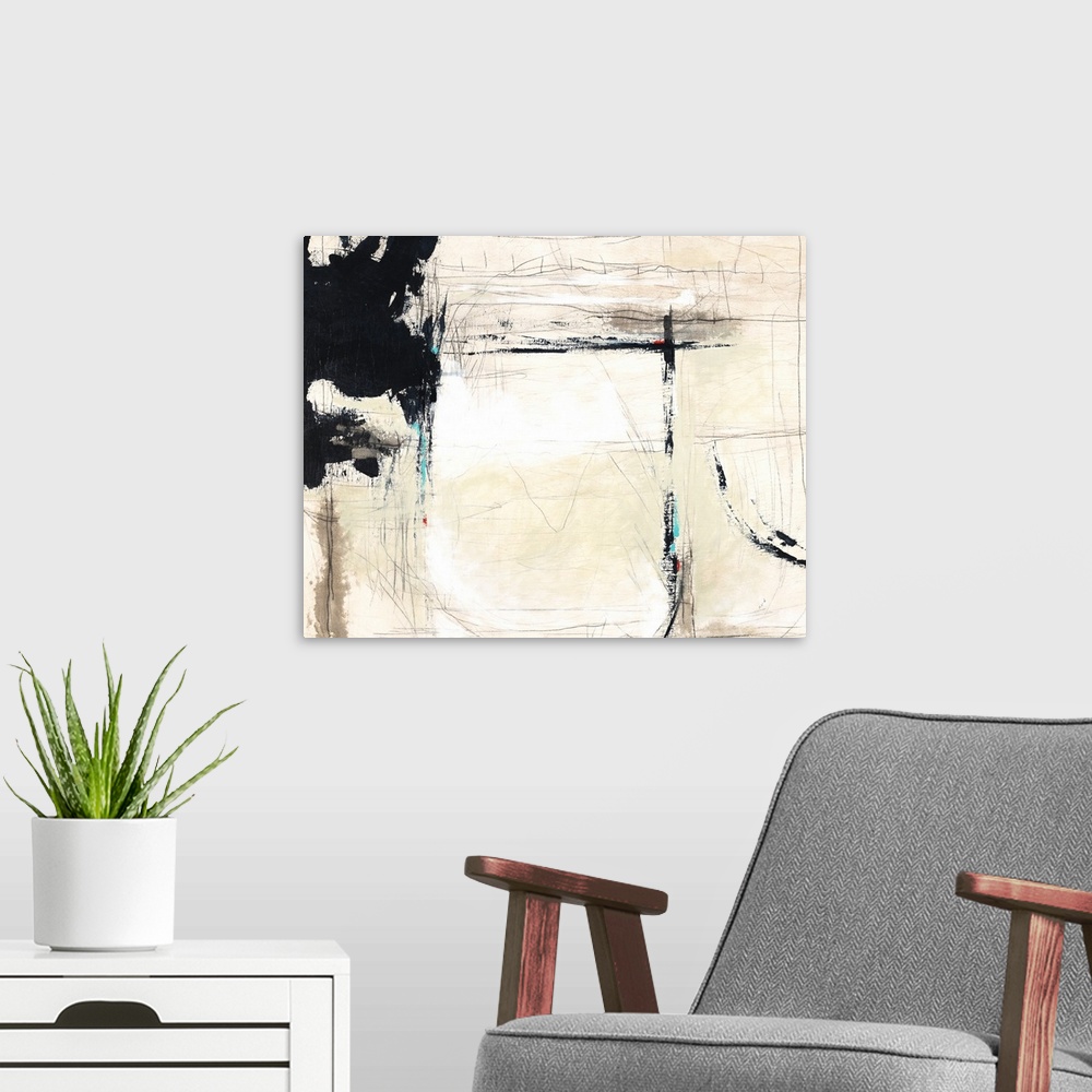 A modern room featuring Contemporary abstract painting using bold black lines against a neutral background.