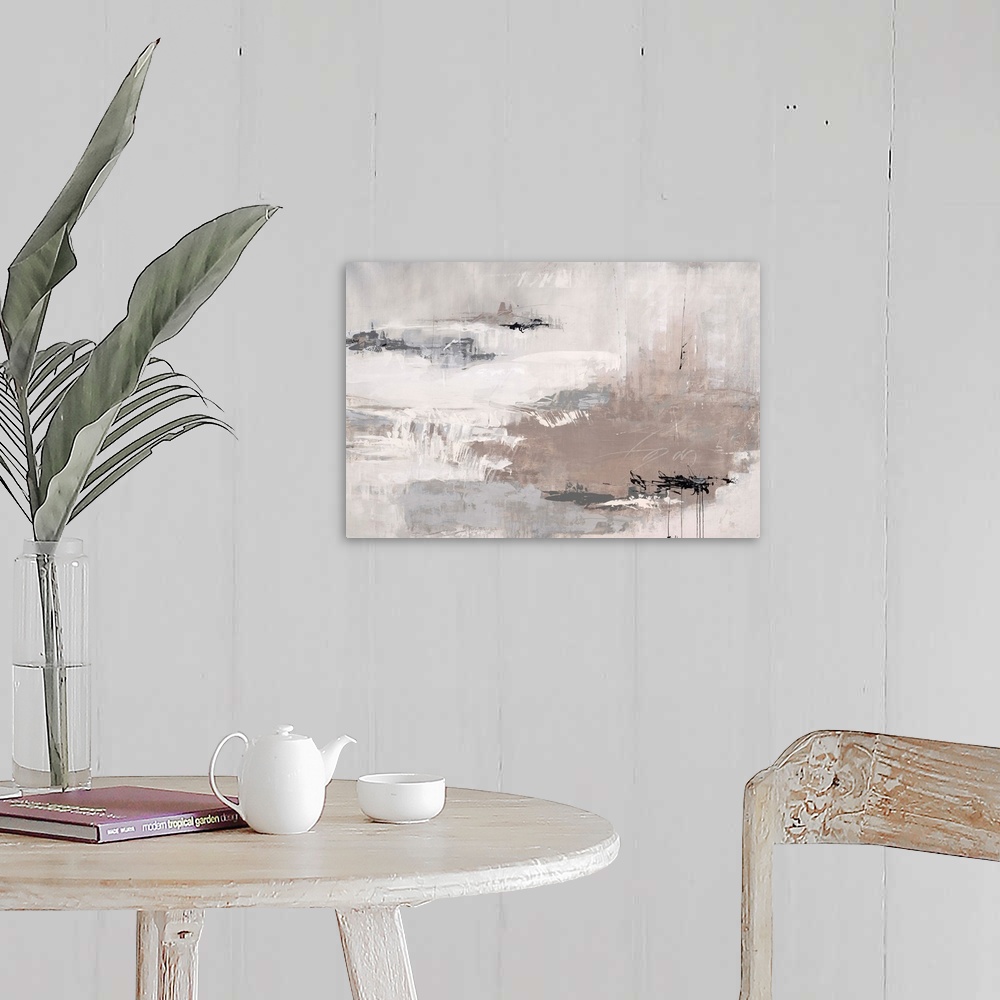A farmhouse room featuring Contemporary abstract painting of neutral colors with harsh black scribbles.