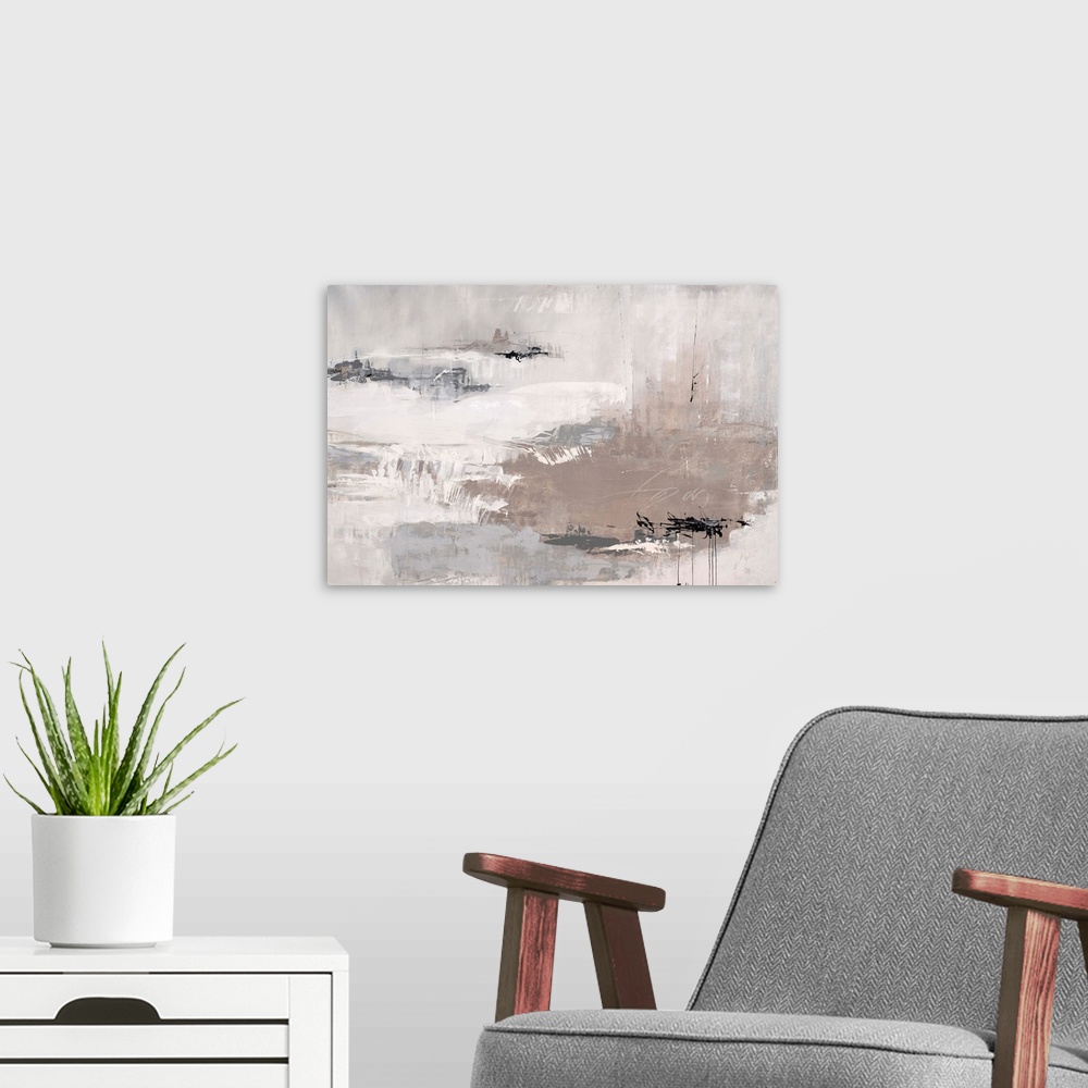 A modern room featuring Contemporary abstract painting of neutral colors with harsh black scribbles.