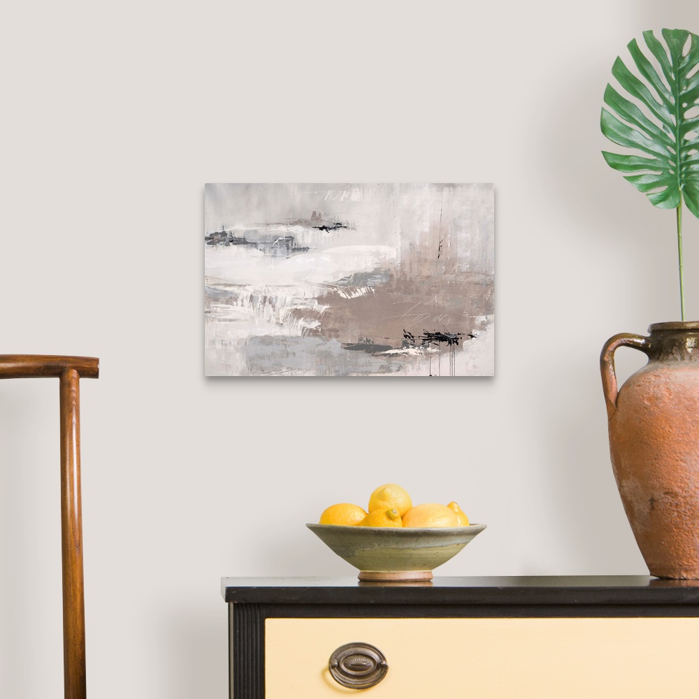 A traditional room featuring Contemporary abstract painting of neutral colors with harsh black scribbles.