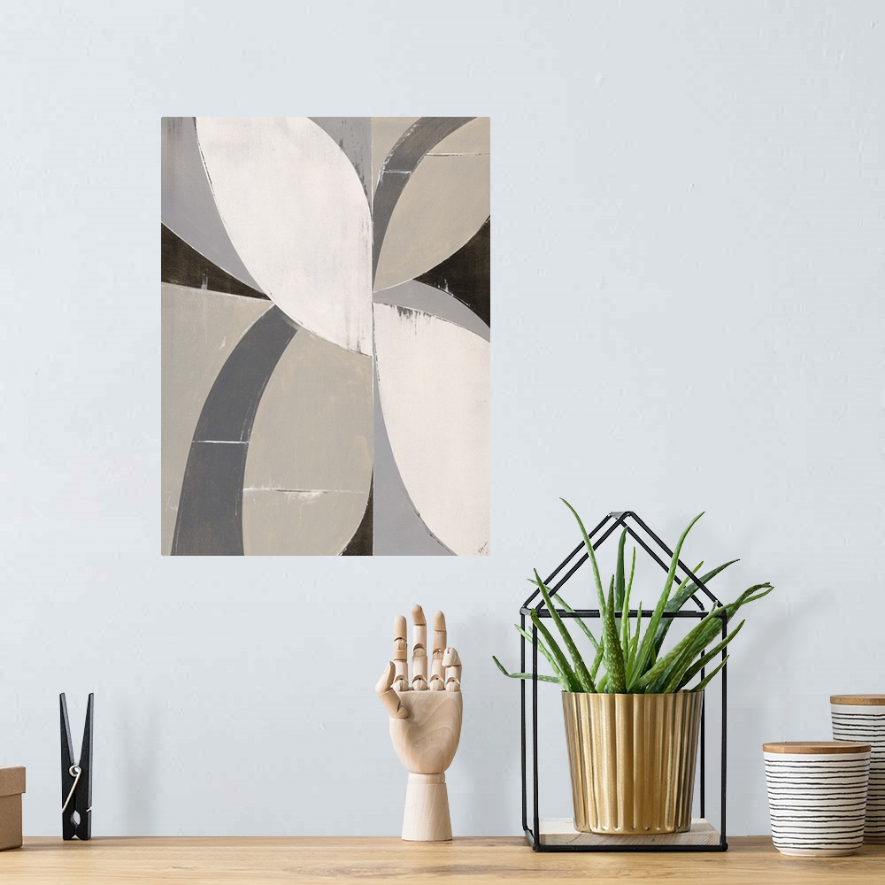 A bohemian room featuring Abstract painting with a mid-century feel using organic shapes in different colors to create obsc...
