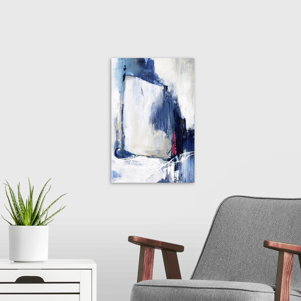 A modern room featuring Beautiful abstract painting with a rectangular shape in the middle on a white and gray background...