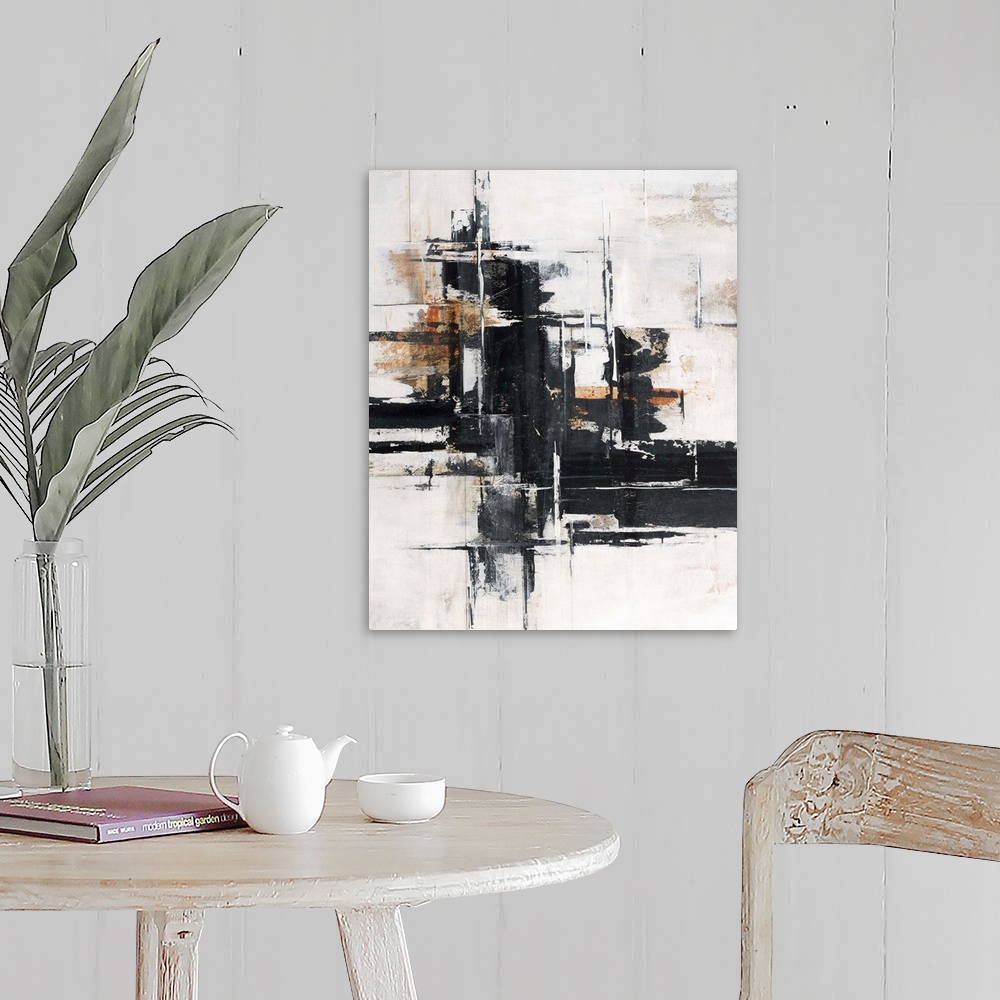 A farmhouse room featuring Abstract contemporary painting with black horizontal strokes on white and brown.