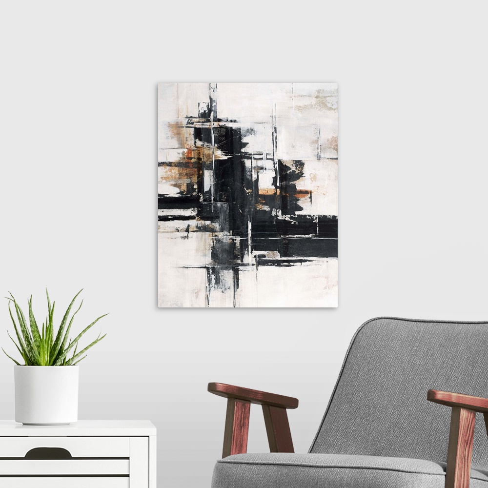 A modern room featuring Abstract contemporary painting with black horizontal strokes on white and brown.