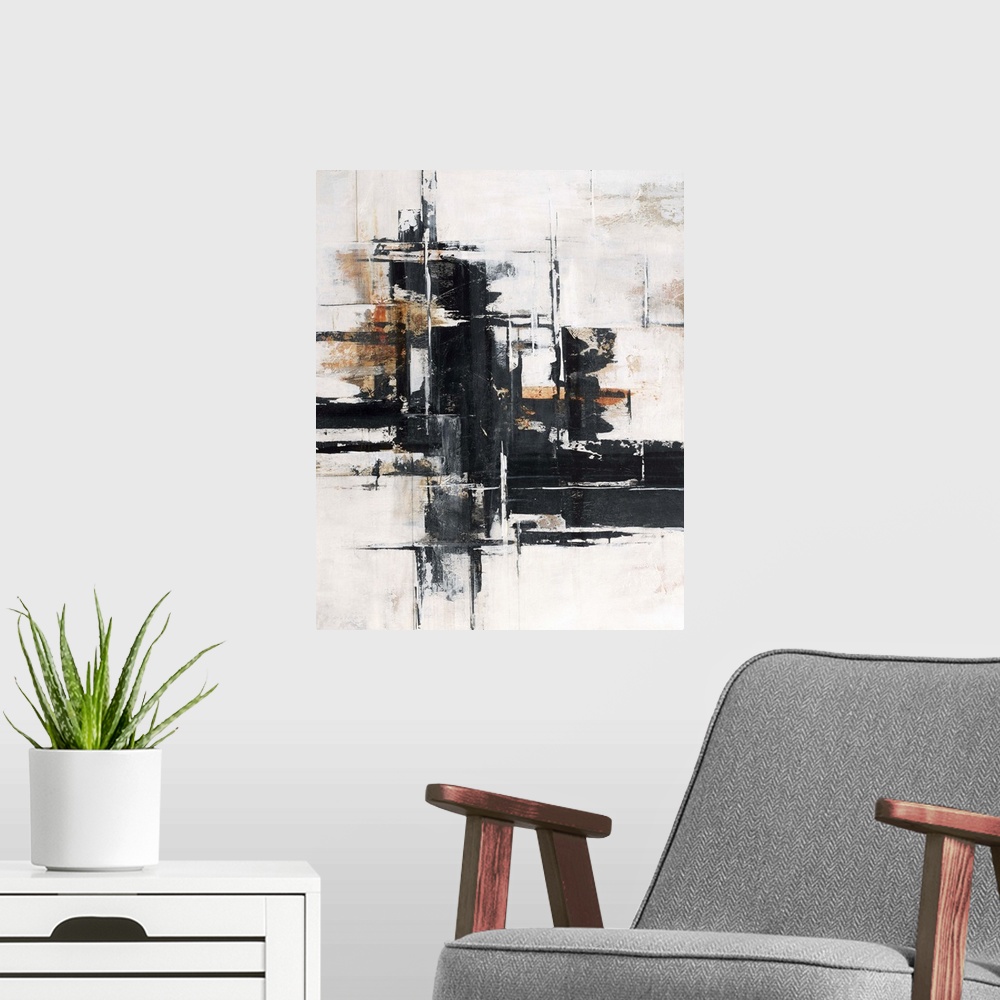 A modern room featuring Abstract contemporary painting with black horizontal strokes on white and brown.