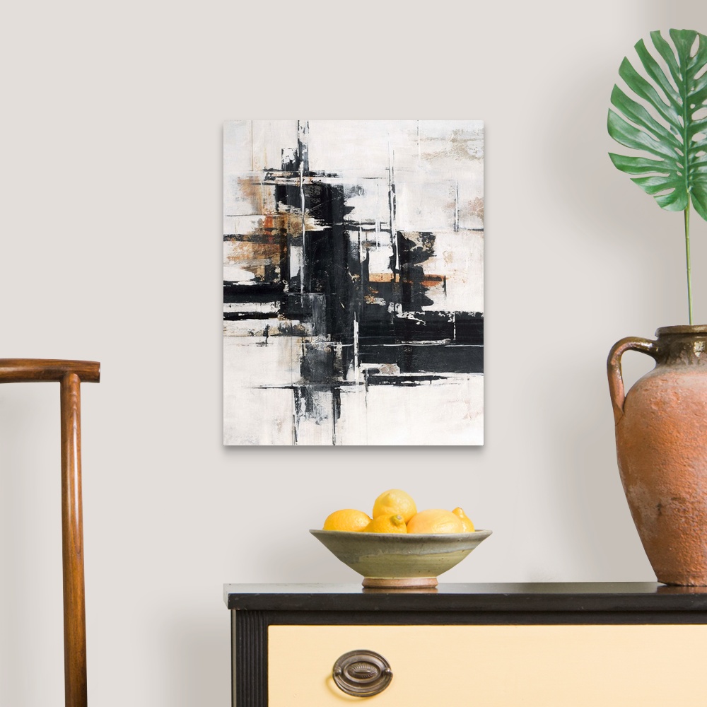 A traditional room featuring Abstract contemporary painting with black horizontal strokes on white and brown.