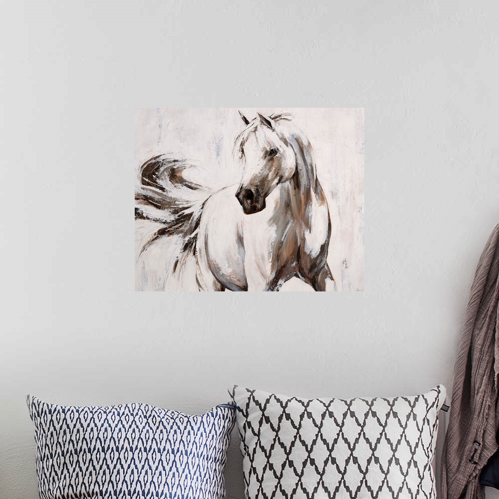 A bohemian room featuring Contemporary painting of an elegant white horse flicking its tail.