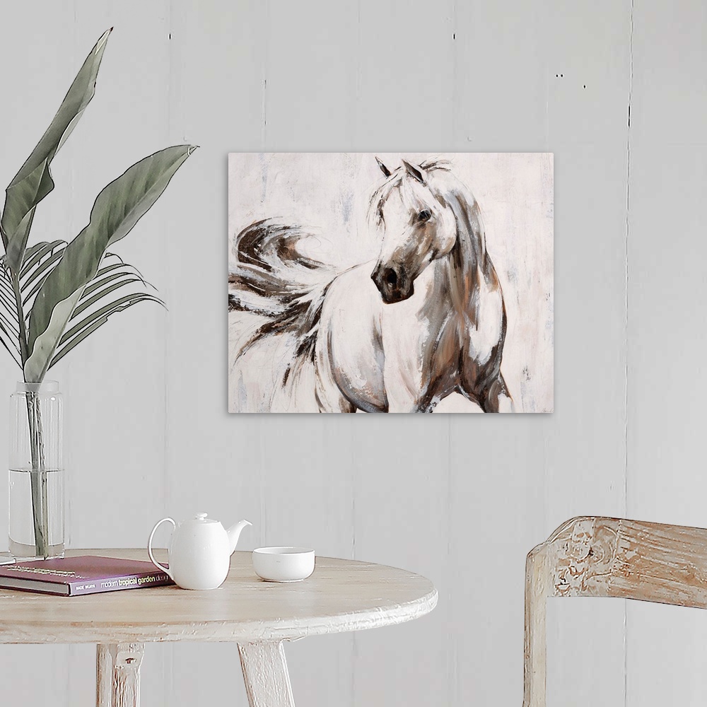 A farmhouse room featuring Contemporary painting of an elegant white horse flicking its tail.