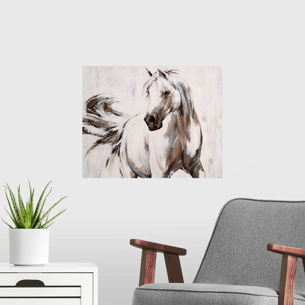 A modern room featuring Contemporary painting of an elegant white horse flicking its tail.