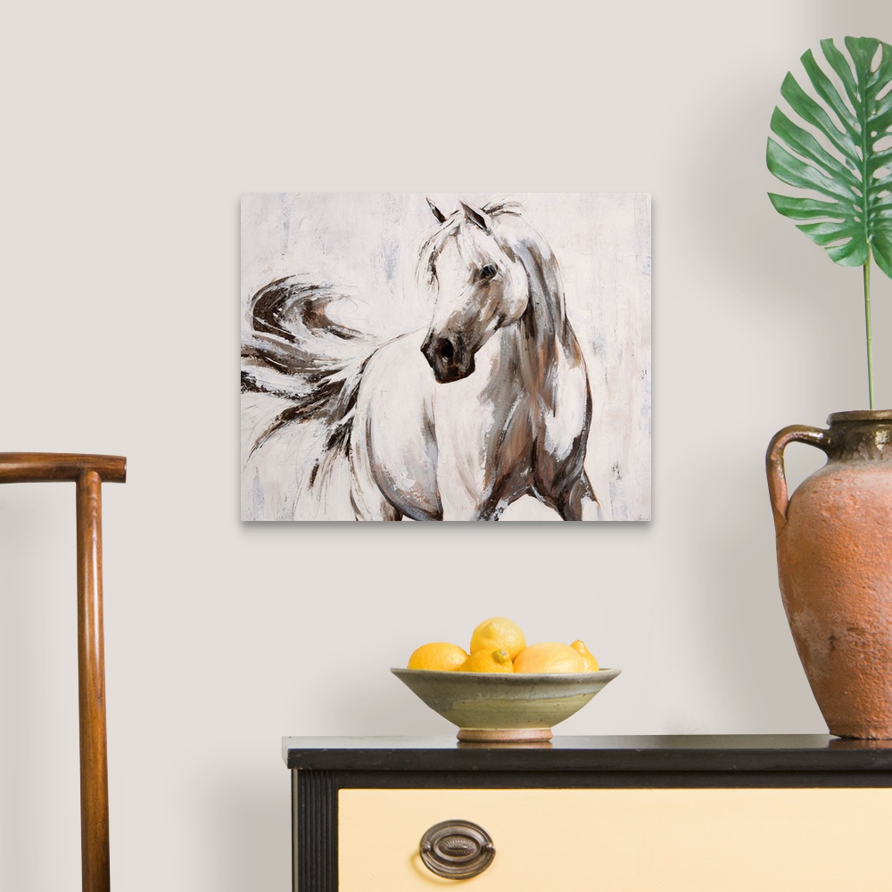 A traditional room featuring Contemporary painting of an elegant white horse flicking its tail.
