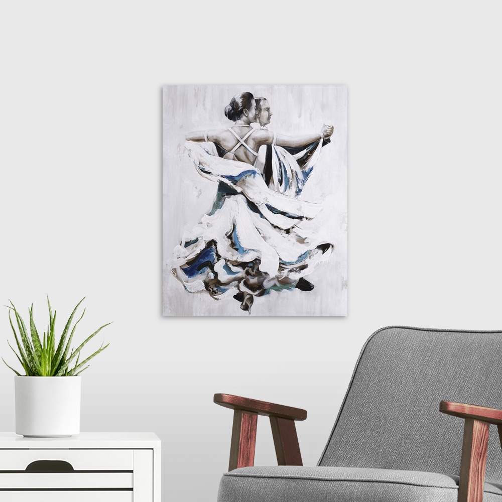 A modern room featuring Contemporary painting of two people dancing in shades of brown, blue, and green on a white backgr...