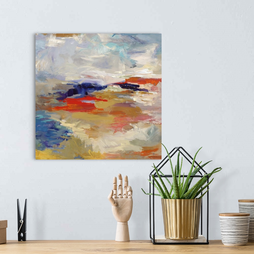 A bohemian room featuring Contemporary abstract painting in muted primary colors.