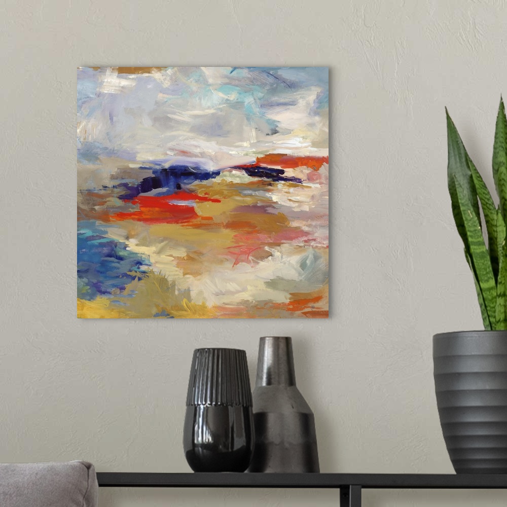A modern room featuring Contemporary abstract painting in muted primary colors.