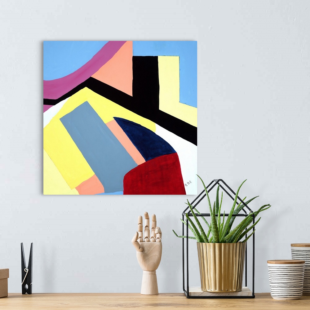 A bohemian room featuring Contemporary geometric abstract painting with pale colored shapes forming together to create the ...