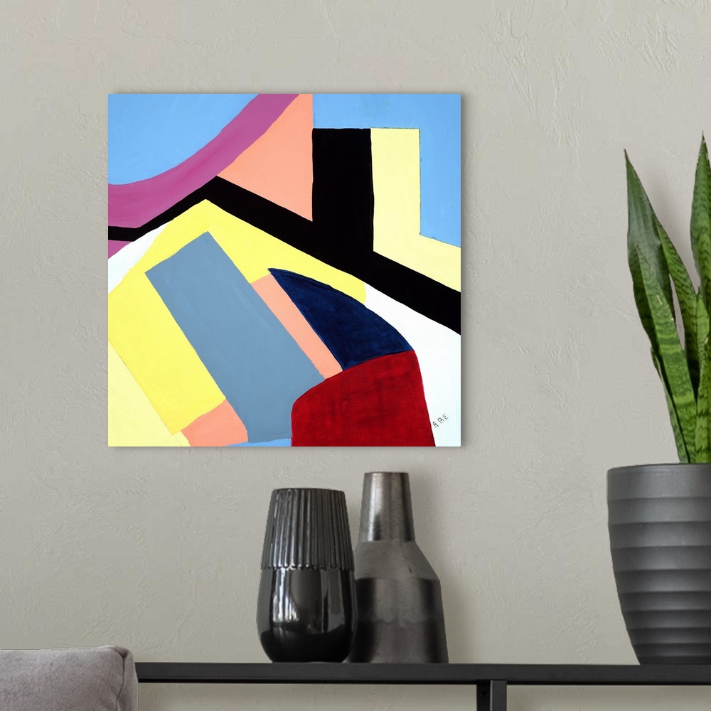 A modern room featuring Contemporary geometric abstract painting with pale colored shapes forming together to create the ...