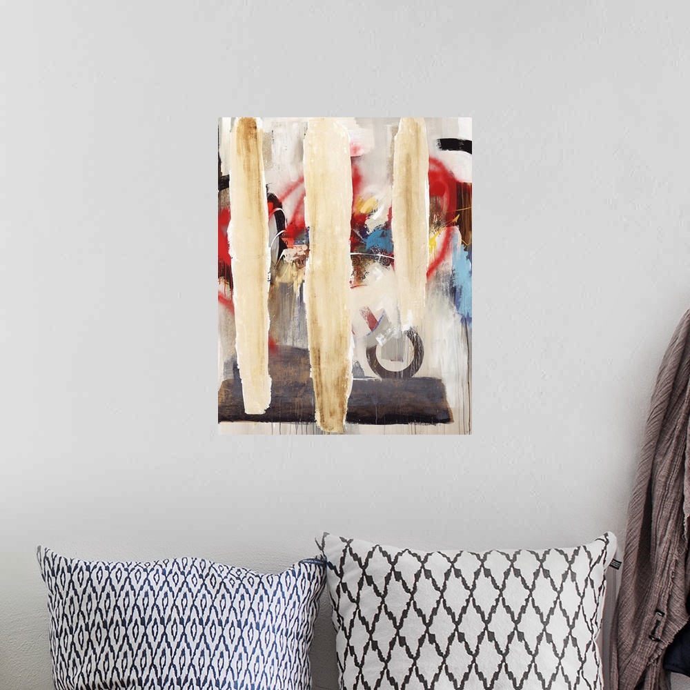 A bohemian room featuring Abstract contemporary painting with bright red and blue hiding behind three vertical bars.