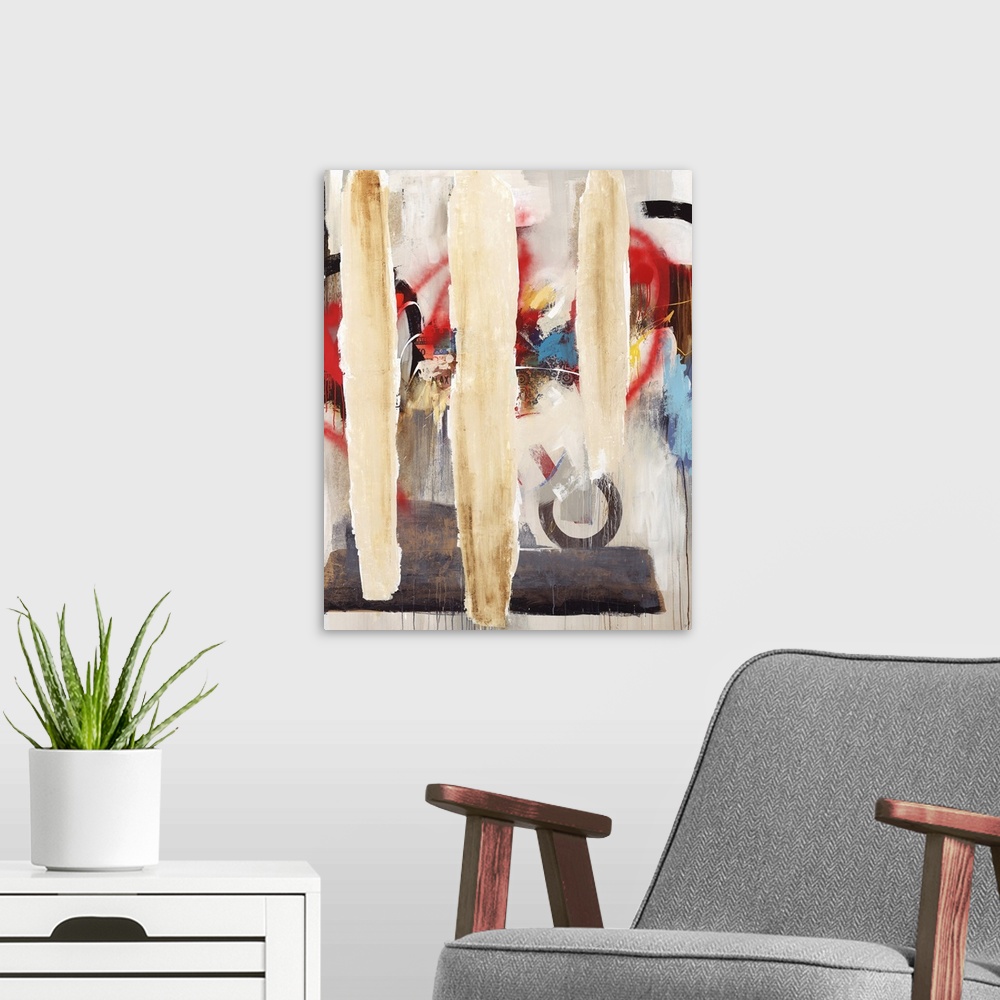 A modern room featuring Abstract contemporary painting with bright red and blue hiding behind three vertical bars.