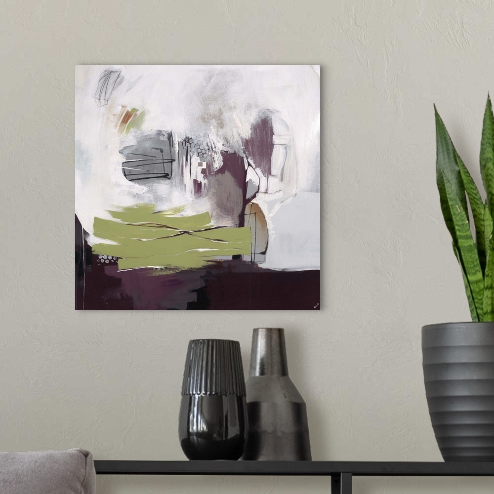 A modern room featuring Abstract painting using dark colors at the bottom of the image and light colors at the top of the...
