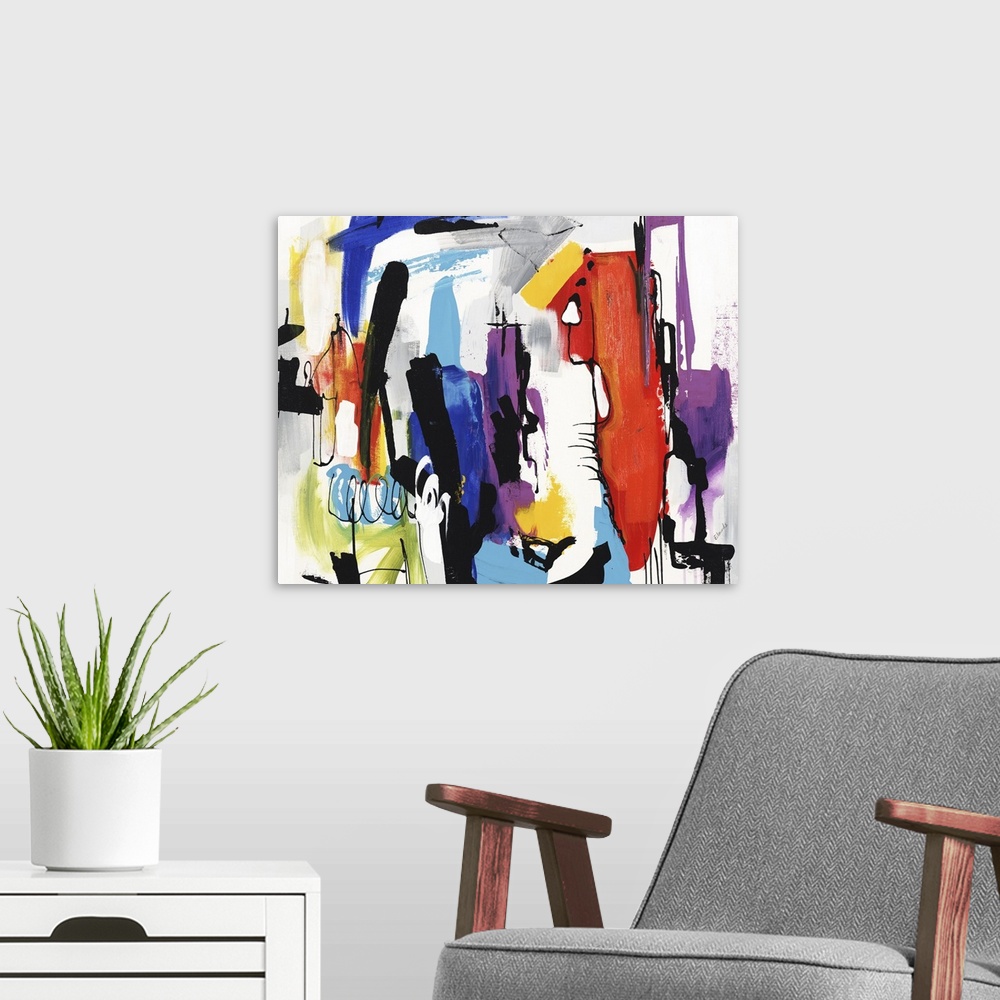 A modern room featuring Vibrant abstract painting filled with color and busy brushstrokes in all directions.