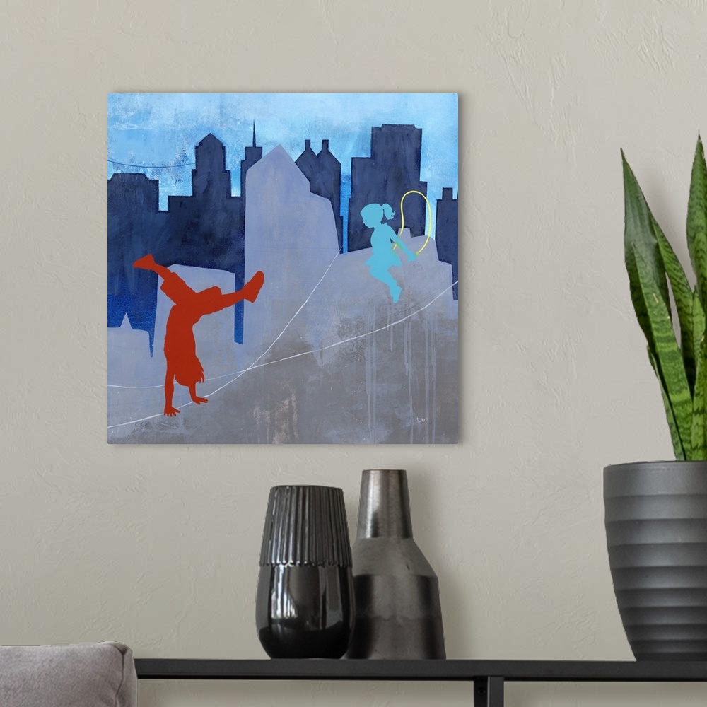 A modern room featuring Contemporary painting of two children playing outdoors with a city skyline in the background.
