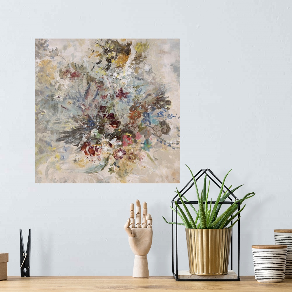 A bohemian room featuring Abstract painting using a mixture of dark and bright colors in the center of the image with light...