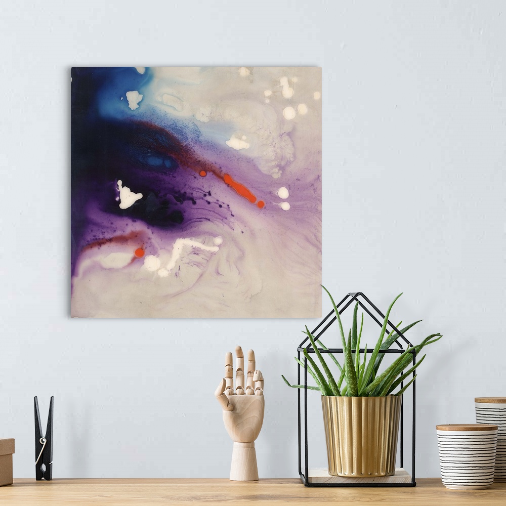 A bohemian room featuring Contemporary abstract painting of what looks like flowing dark purple liquid.