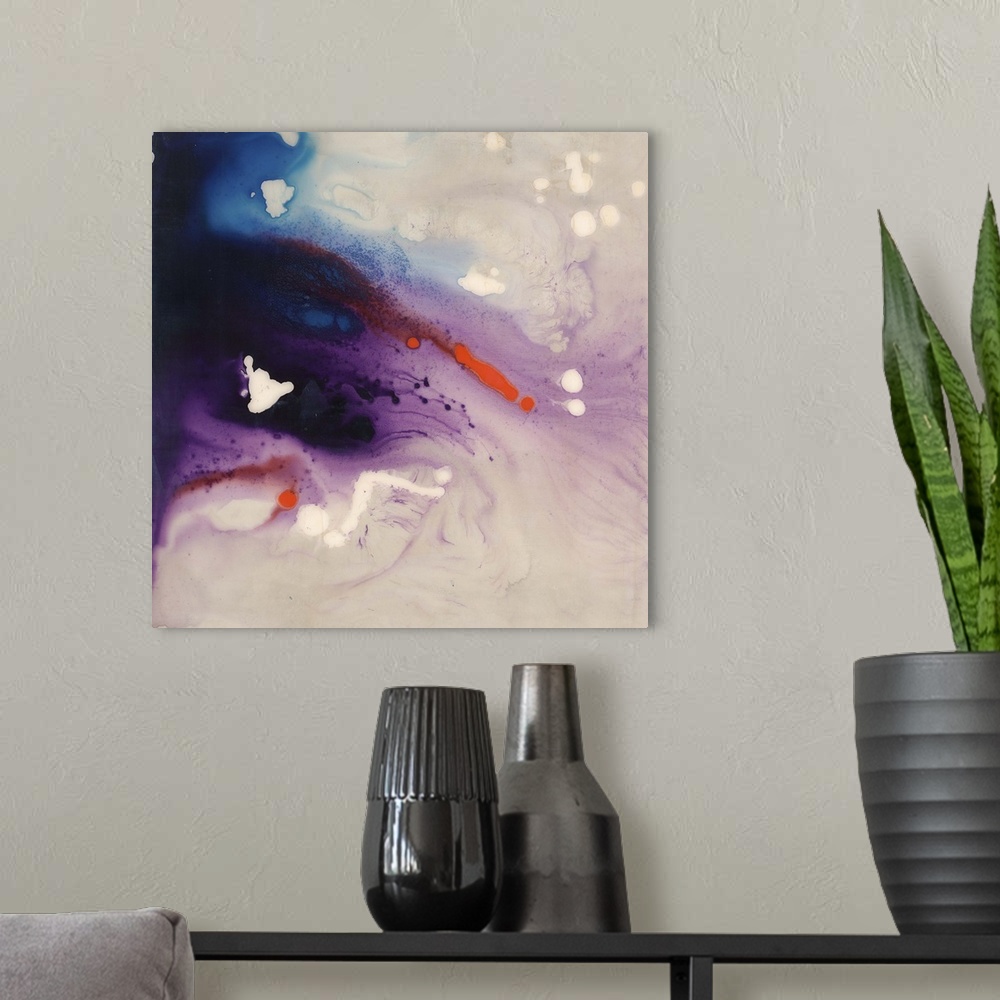 A modern room featuring Contemporary abstract painting of what looks like flowing dark purple liquid.