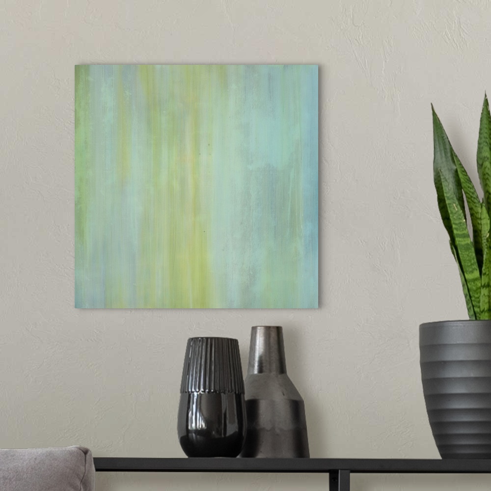 A modern room featuring Contemporary abstract painting of pale green tones mixed with aqua to create vertical lines.