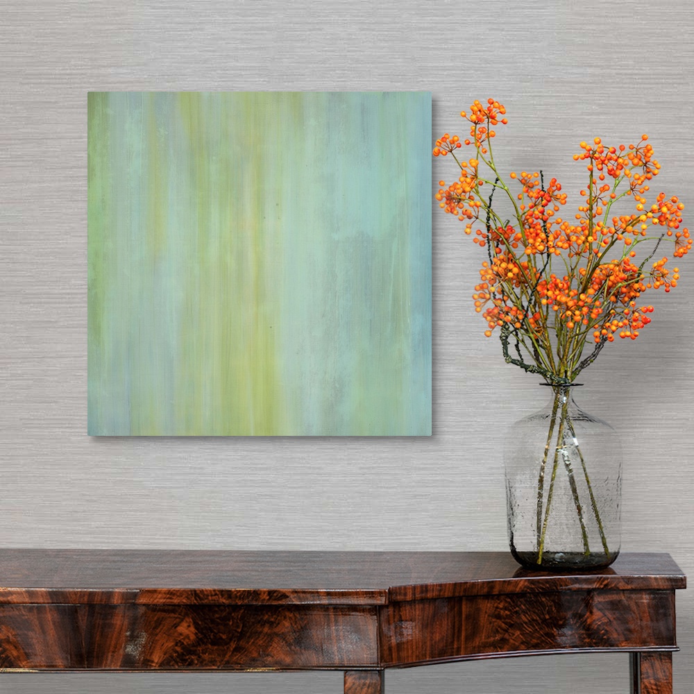 A traditional room featuring Contemporary abstract painting of pale green tones mixed with aqua to create vertical lines.