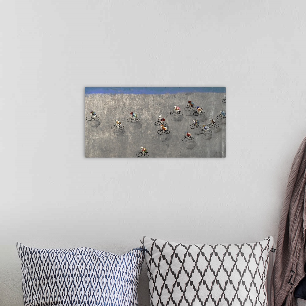 A bohemian room featuring Contemporary painting of an aerial view of cyclists in a race on a gray path.