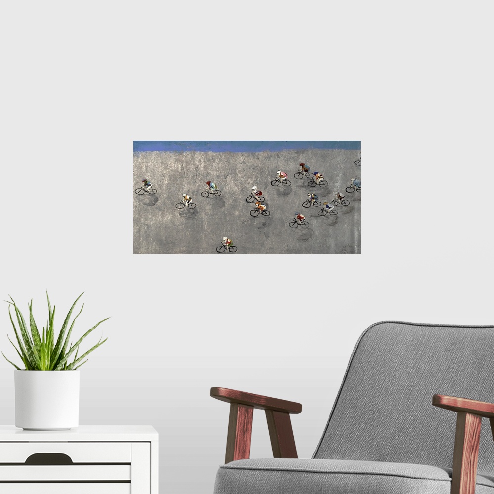 A modern room featuring Contemporary painting of an aerial view of cyclists in a race on a gray path.