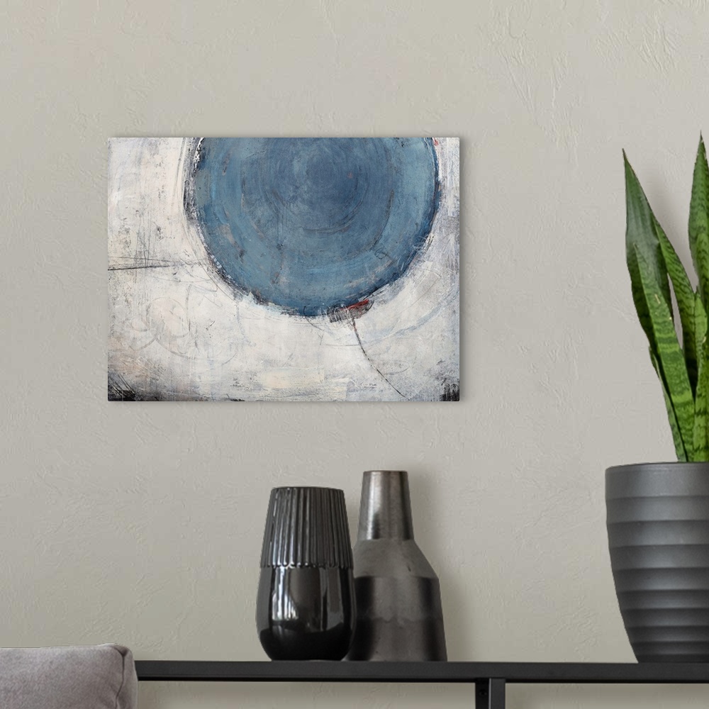A modern room featuring Contemporary abstract painting of a large pale blue circle against a pale gray larger circular sh...