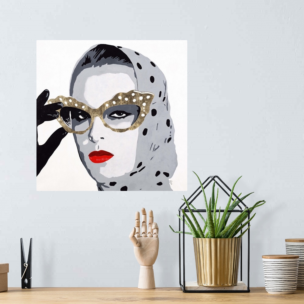 A bohemian room featuring Contemporary painting of a close-up of a woman wearing a gray polka dotted headscarf and large ca...